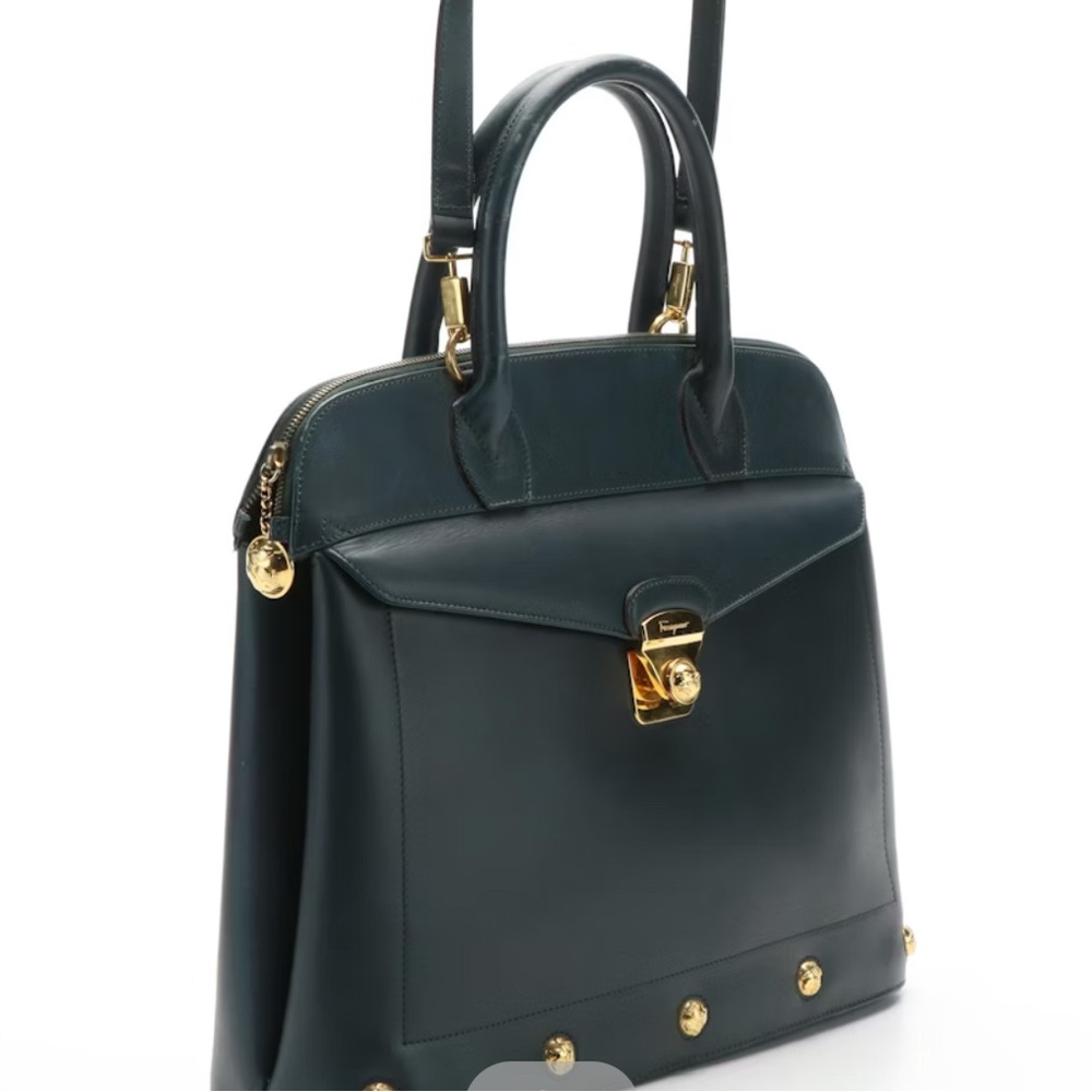 SALVATORE FERRAGAMO BLUE LEATHER STUDDED DOMED SATCHEL